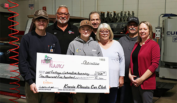 Krusin’ Klassics Representatives, Jim Lippens, Randy Strasler, Debbie Brunette, and Bill Brunette. Front row (left to right): Scholarship Recipients, Gauge Hebert and Dakota Hayen, and Vicki DeGrand, Bay College Advancement Services Manager.